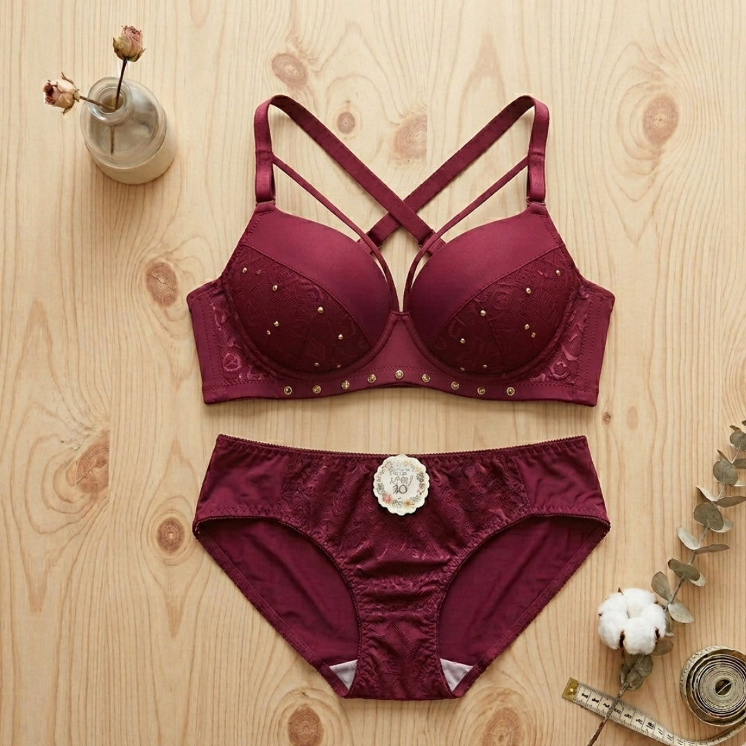 Wine Strappy Studded Bra Set | Fashion Insider