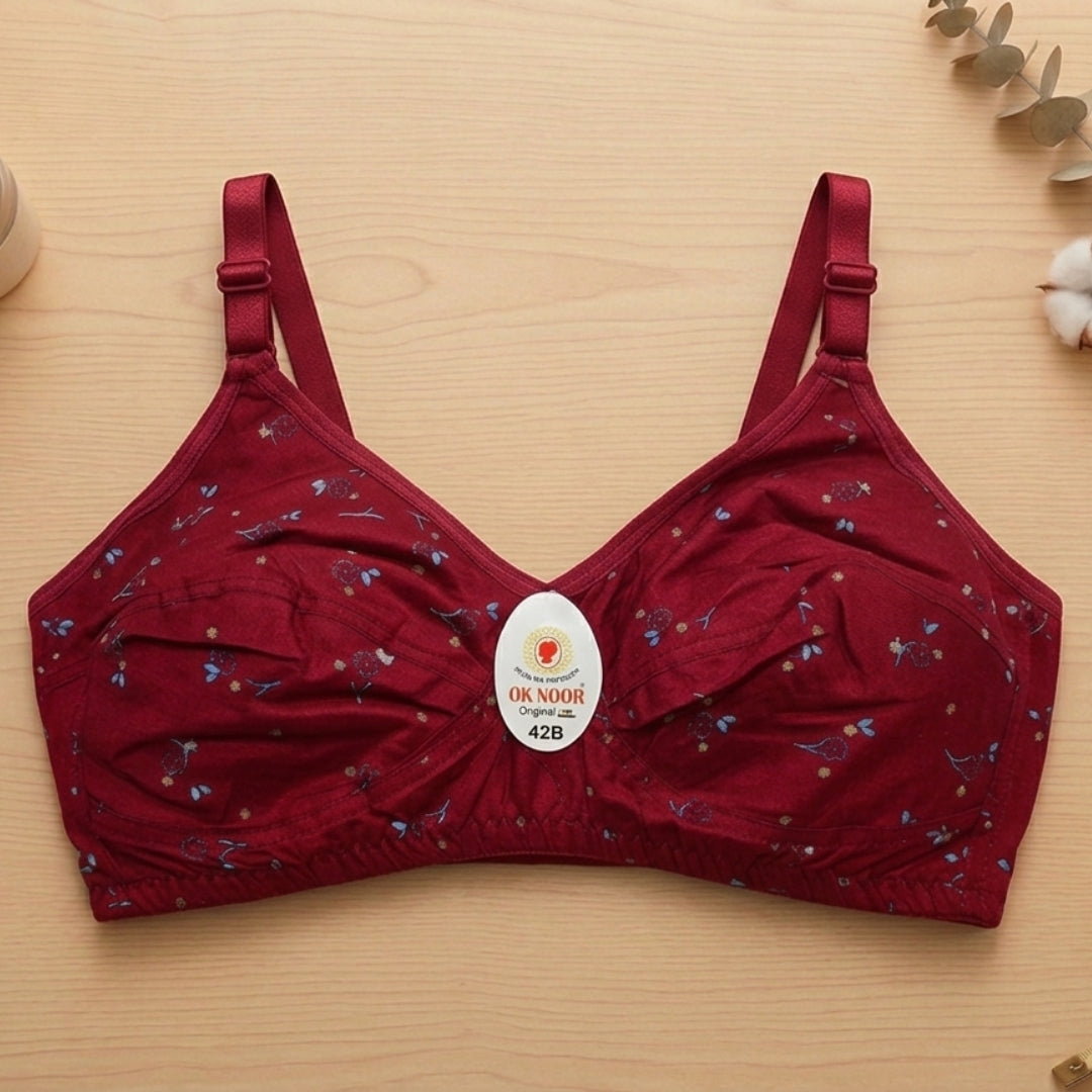 Maroon Floral Print Cotton Bra