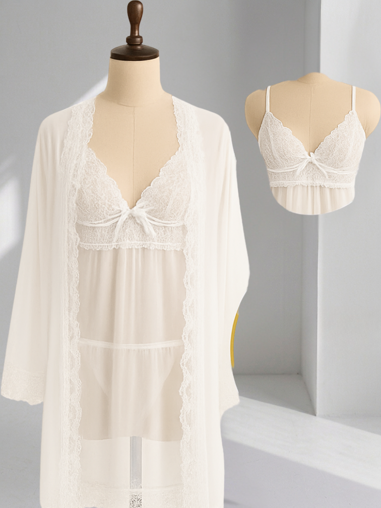 White Sheer Lace Robe & Bralette Set – Bridal Boudoir Lingerie Set