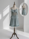 Sage Blue Lace Ruffle Babydoll Dress – Feather Trim Lingerie Slip