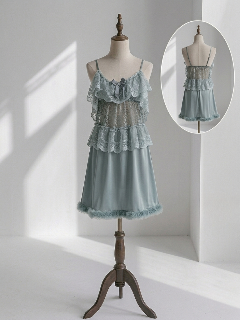 Sage Blue Lace Ruffle Babydoll Dress – Feather Trim Lingerie Slip