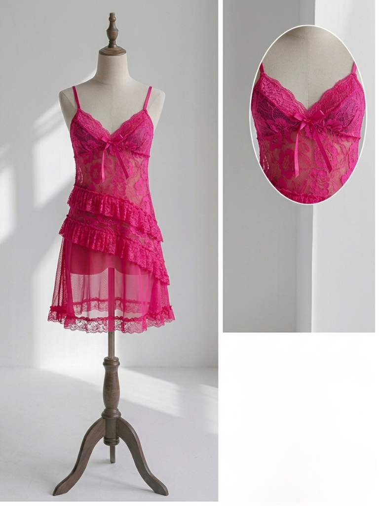 Fuchsia Sheer Lace Babydoll Dress – Tiered Ruffle Lingerie Slip