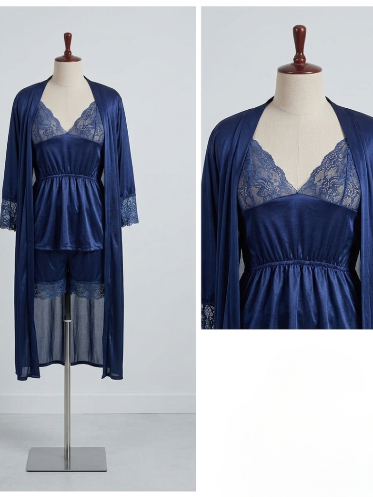 Navy Satin 3-Piece Robe, Cami & Shorts Set – Lace Trim Sleepwear
