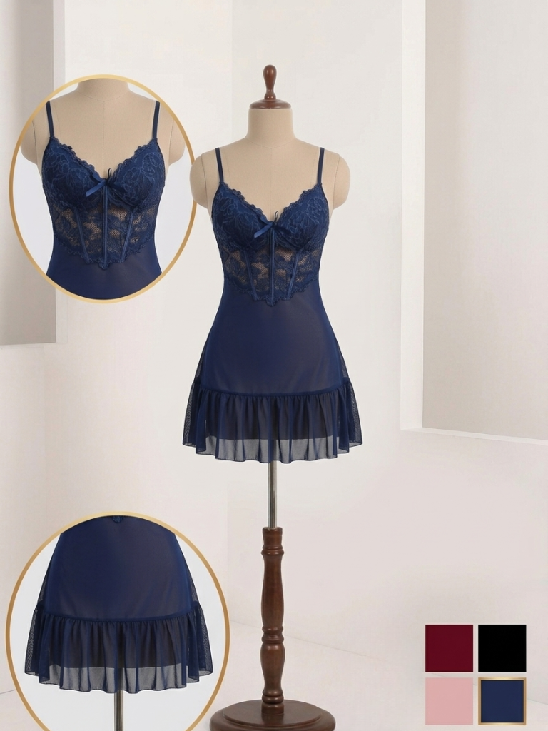 Lace Corset Babydoll Slip Dress – Ruffle Hem Lingerie (4 Colors)