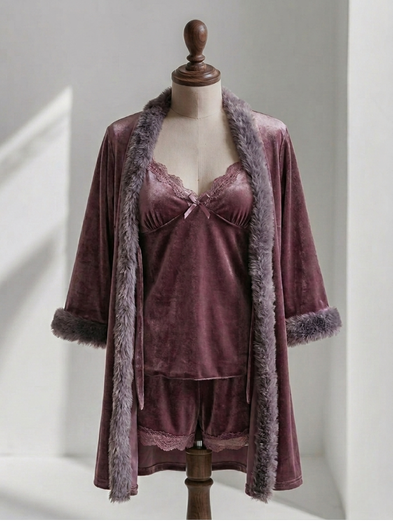 Mauve Velvet Faux Fur Trim Robe, Cami & Shorts Set – 3-Piece Sleepwear