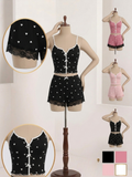 Heart Print Ribbed Cami & Shorts Pyjama Set – Lace Trim Loungewear (3 Colors)
