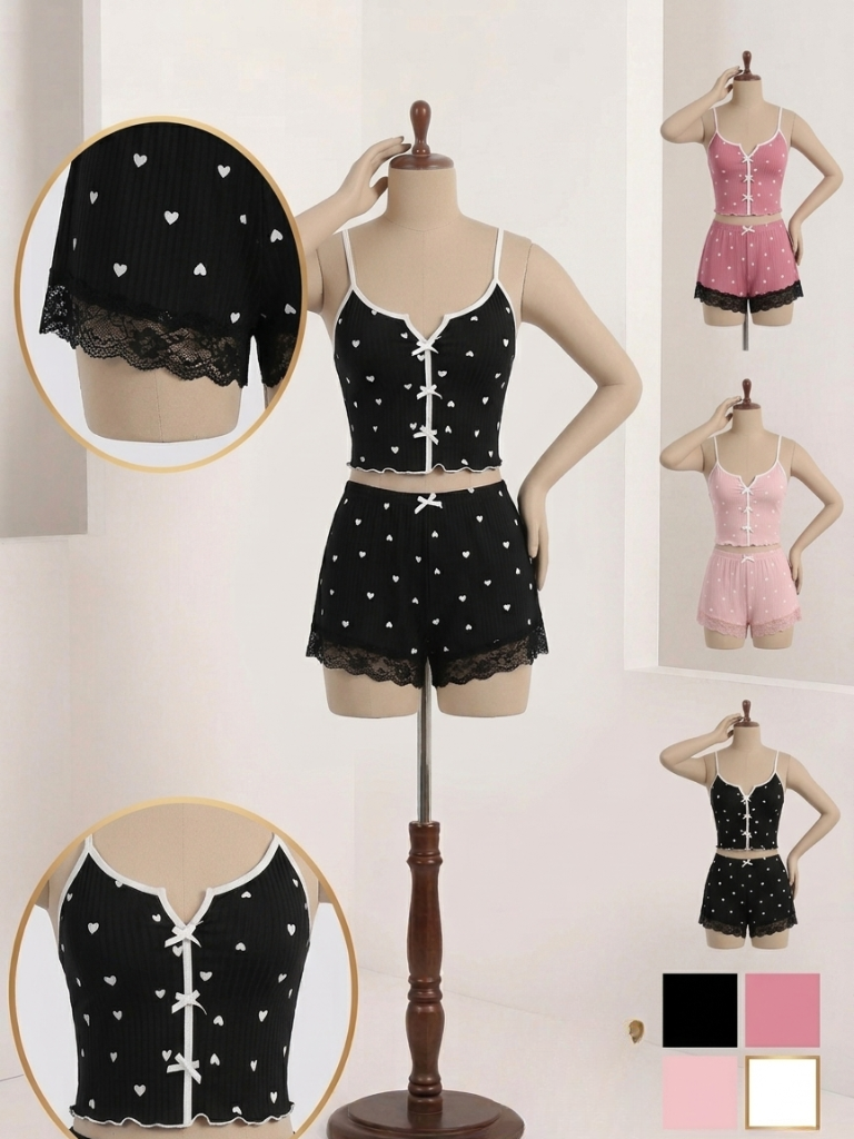 Heart Print Ribbed Cami & Shorts Pyjama Set – Lace Trim Loungewear (3 Colors)
