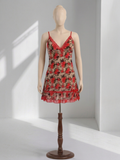 Red Floral Print Slip Dress – Lace Trim Ruffle Hem Nightgown