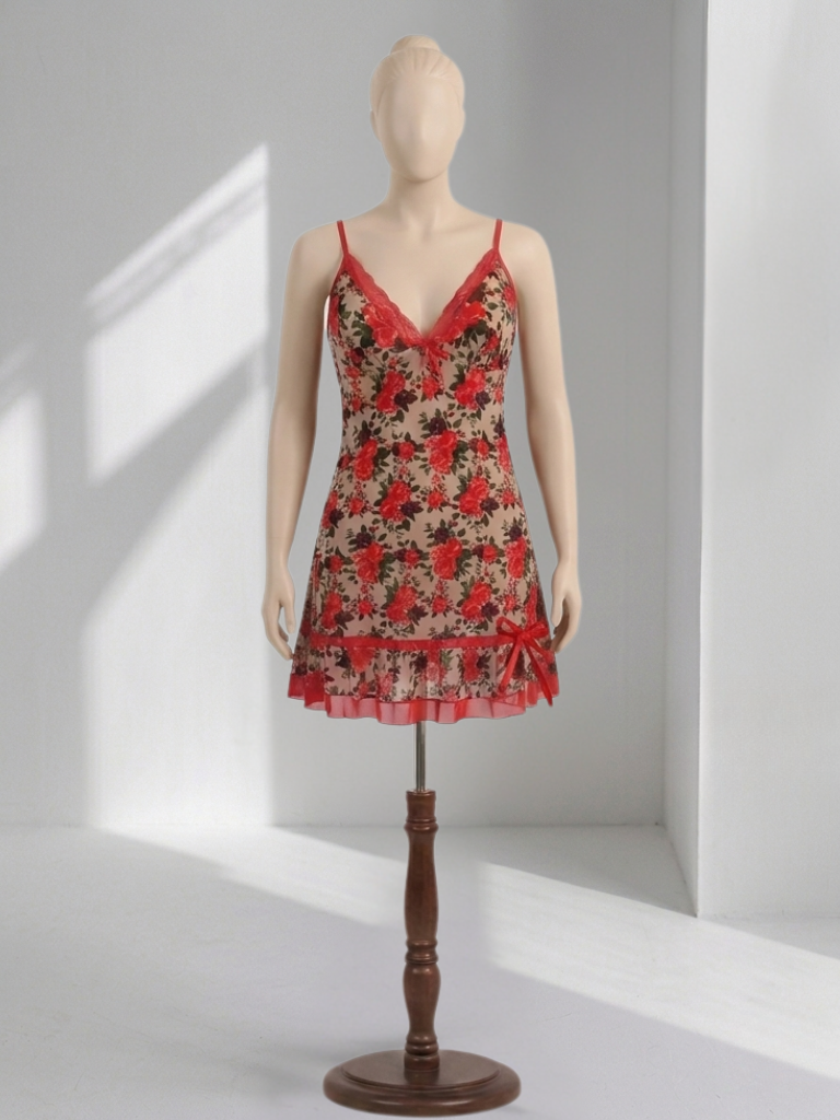 Red Floral Print Slip Dress – Lace Trim Ruffle Hem Nightgown