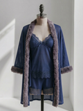Navy Mesh Faux Fur Trim Robe, Cami & Shorts Set – 3-Piece Sleepwear
