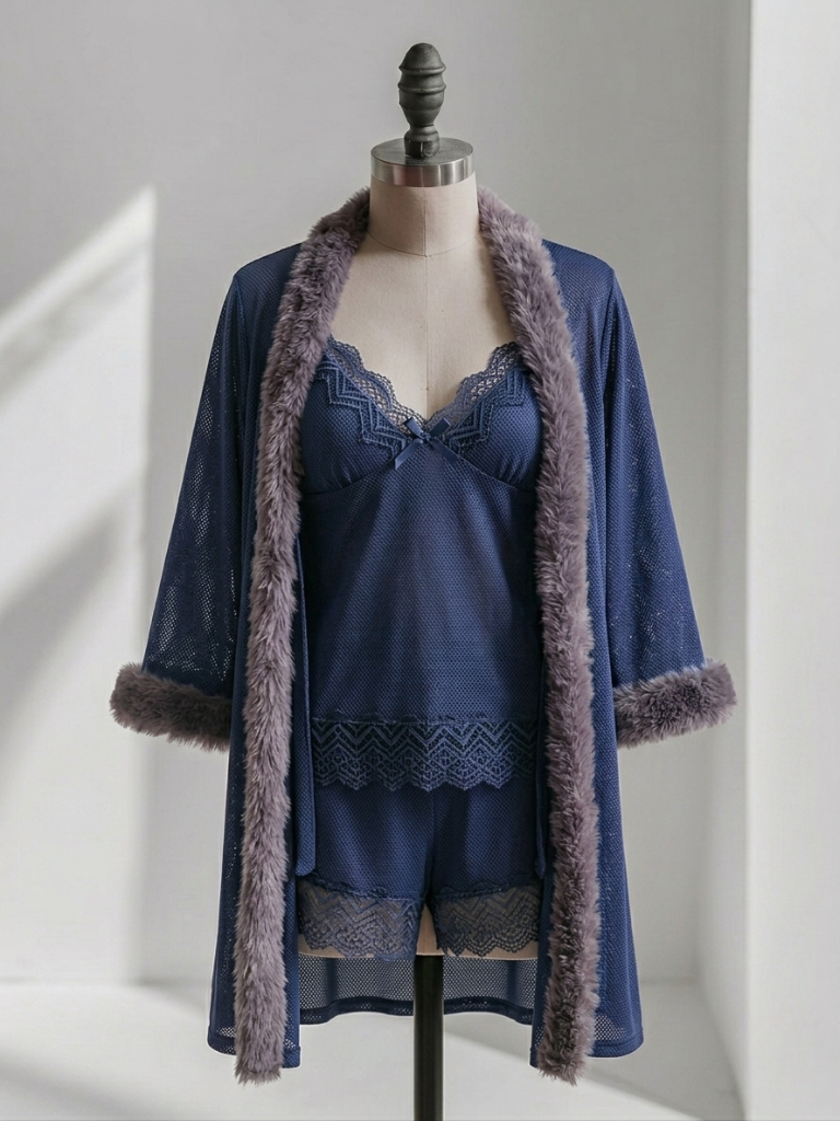Navy Mesh Faux Fur Trim Robe, Cami & Shorts Set – 3-Piece Sleepwear