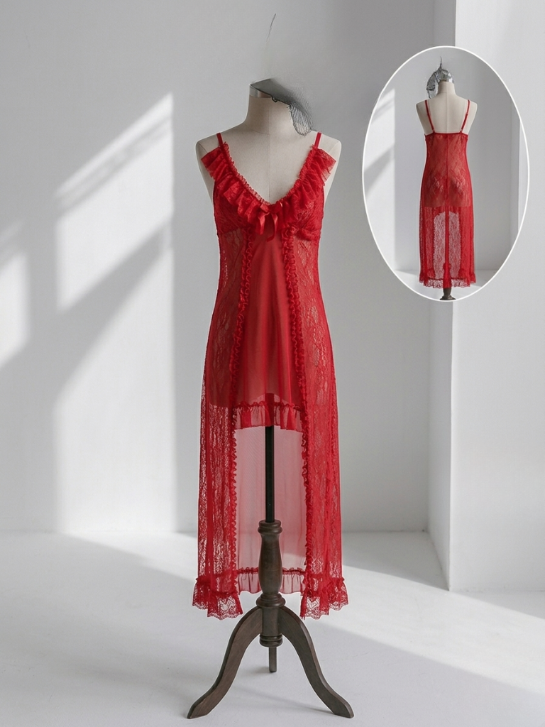 Red Sheer Lace Ruffle Maxi Slip Dress – Romantic Lingerie Nightgown