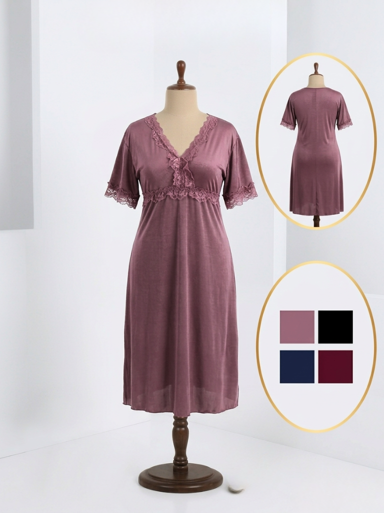 Velvet Lace Trim Short-Sleeve Nightgown – Midi Sleepwear Dress (4 Colors)
