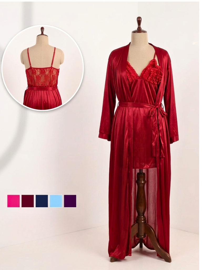 Satin Long Robe & Lace Cami Set – 2-Piece Sleepwear (6 Colors)