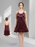 Wine Lace Ruffle Collar Babydoll Dress – Feather Hem Slip Nightgown