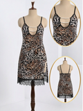 Leopard Print Slip Dress – Pearl Chain Neckline Lace Hem Nightgown