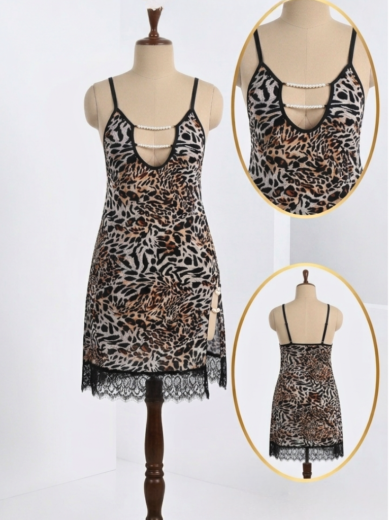 Leopard Print Slip Dress – Pearl Chain Neckline Lace Hem Nightgown