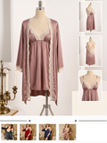 Dusty Rose Satin Lace-Trim Robe & Cami Slip Set – 2-Piece Sleepwear (5 Colors)