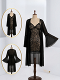 Black Sheer Mesh Bell-Sleeve Robe & Lace Slip Set – 2-Piece Boudoir Set