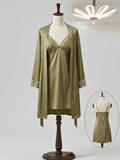 Olive Satin Robe & Lace Cami Slip Set – 2-Piece Sleepwear