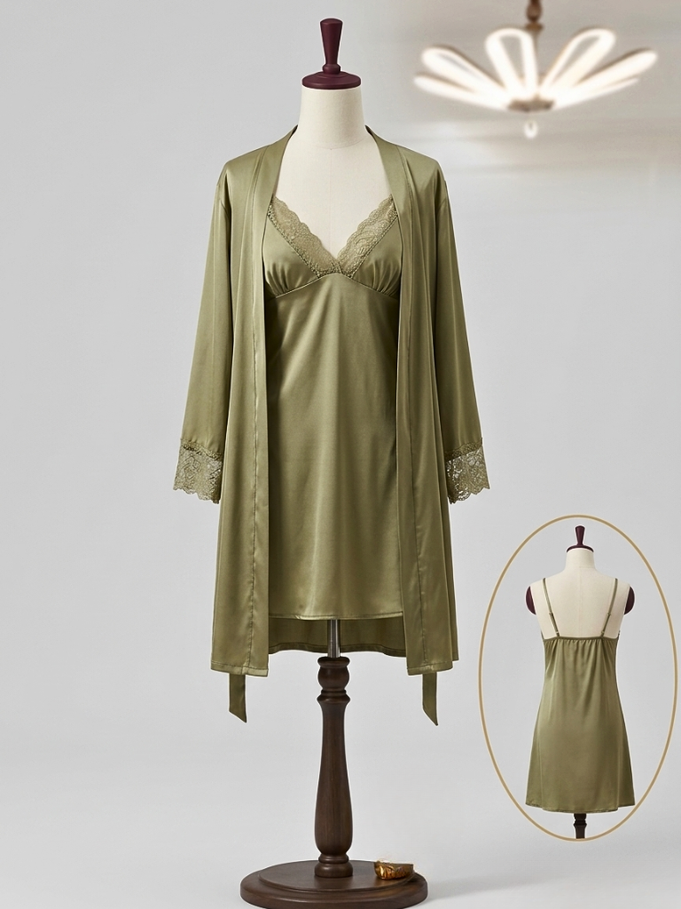 Olive Satin Robe & Lace Cami Slip Set – 2-Piece Sleepwear