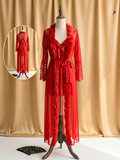 Red Sheer Maxi Robe – Feather Trim Lace Sleeve Boudoir Robe