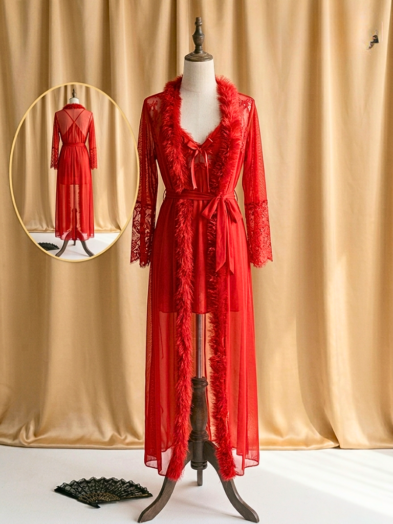 Red Sheer Maxi Robe – Feather Trim Lace Sleeve Boudoir Robe