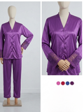 Satin Button-Up Pyjama Set – Lace Cuff Long Sleeve Loungewear (4 Colors)
